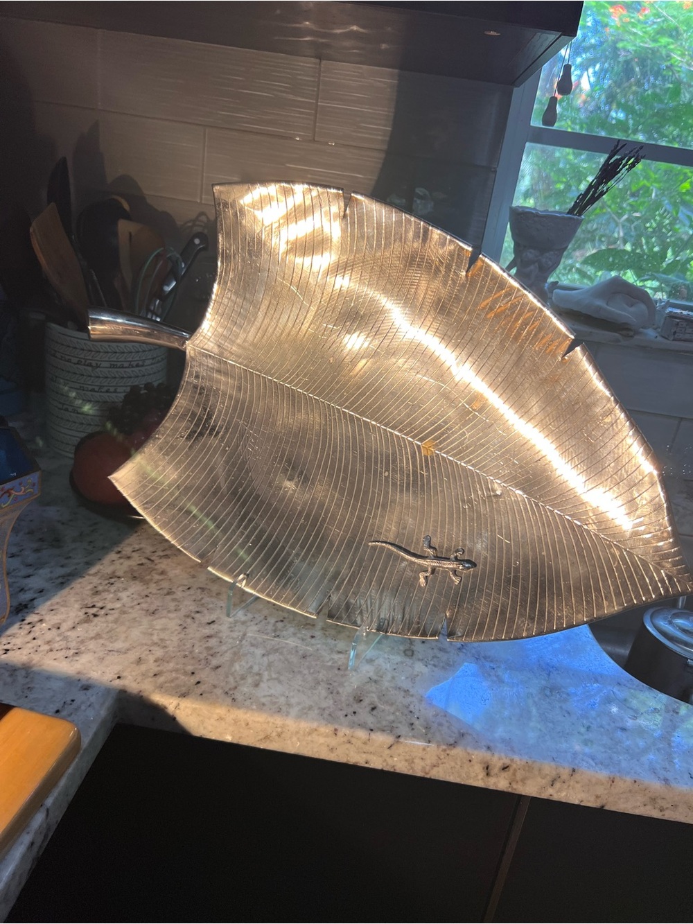 Vintage Silver Leaf tray w cute lizard detail Serving Tray read below